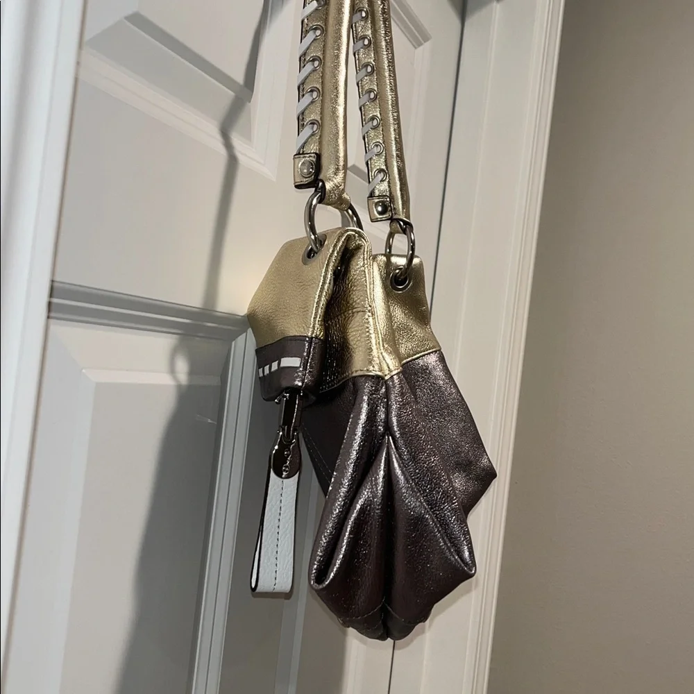 B. Makowsky Hobo bag purse shoulder two toned gold pewter silver